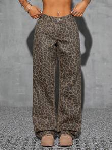 SHEIN SXY Spring Plus Size Women Cowgirl Style Leopard Print Non-Stretch Straight Leg Pants, Spring - Apricot - View 4