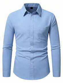 Manfinity Homme Men's Solid Color Button-Up Casual Long Sleeve Shirt - Baby Blue - View 3