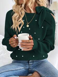 EMERY ROSE Women's Elegant Tie Neck Cold Shoulder Solid Color Sweater With Faux Pearl Decor, Autumn/Winter