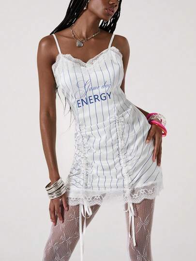 ROMWE Avant Robe mini à col V, à lacets et rayures, style sport pour femmes