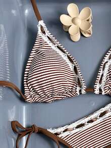 Swim Mod 女士甜美泳衣套装，适合春夏穿着，条纹特殊面料，挂脖系带腰部系带短裤，度假沙滩INS风 - 棕色 - 查看 1