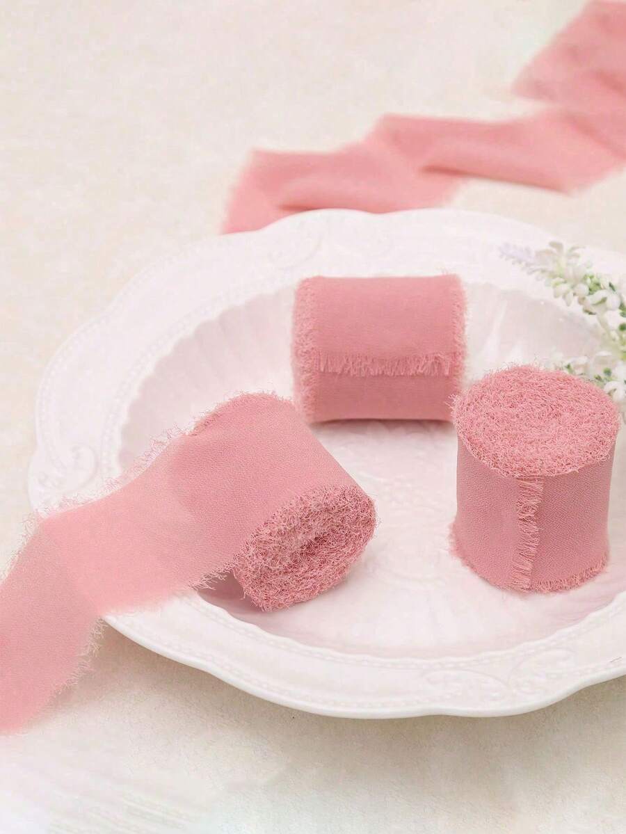 1 Roll/2 Rolls - Wedding Festival Party 6-Yard Handmade Tassel Chiffon Ribbon, 3.81 Cm X 7-Yard Ribbon Set Suitable For Wedding Invitations, Bride Bouquets, Gift Wrapping, DIY Crafts - romantic powder - View 1