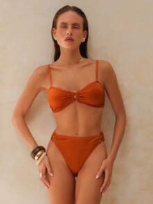 Swim Chiccia Women's Burnt Orange Textured Fabric Halter Tie Bikini Swimwear,Removable Adjustable Straps Elegant Summer Casual Beach Vacation Holiday Party - Rust Brown - View 6