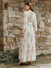 Anewsta Women's New Dress, French Bohemian Style, Classic Paisley Pattern, Cashew Flower Jacquard Vertical Stripe Gold Thread Fabric, Deep V-Neck, Drawstring Waist, Tassel Hem, Casual Holiday Long Dress - Apricot - View 3