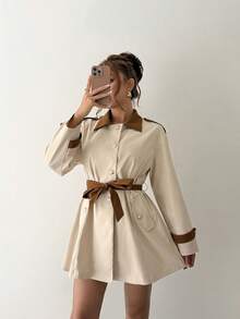 Islaluna Damen Trenchcoat mit Kontrast-Kragen und -Manschetten, Langarm - Khaki - Übersicht 3