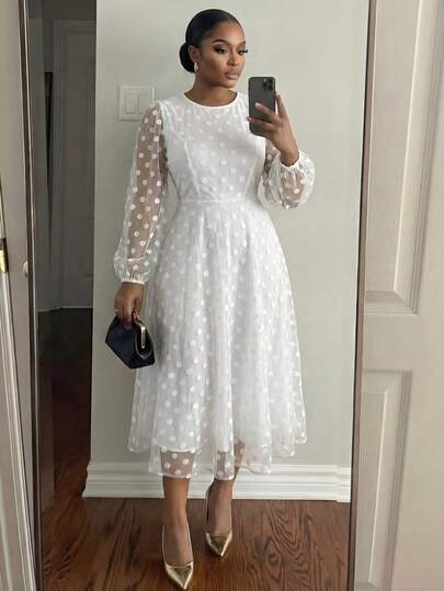 SHEIN Lady Plus Size Women Polka Dot Mesh Lantern Sleeve Elegant White Dress  Spring Clothing Spring & Summer Clothing Valentine's Day Wedding Guest Dress For Women Vacation  Casual Dresses For Women