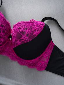 DesireSculpt 2pcs/Set Plus Size Women Lace Patchwork Minimalist Underwire Bra With Lift & Support, Wedding - Multicolor - View 4