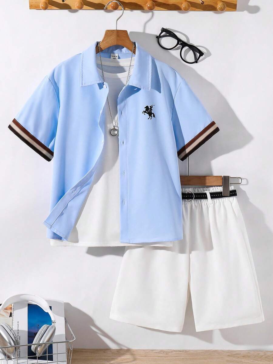2pcs Kids/Tween Boys' Casual Versatile Comfortable Printed Pattern Polo Collar Ribbon Trim Open Front Short Sleeve Loose Shirt & Solid Woven Shorts Set, Suitable For School, Commute, Daily Casual, Travel, Sports, Spring/Summer/Fall/Winter - Baby Blue - View 1
