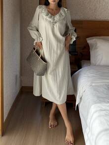 DAZY Loose Fit Long Lace Trim Nightgown For Women - Green - View 8