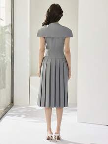 Heiryn 女士优雅通勤纯色褶裥下摆系带领中长连衣裙 - 灰色 - 查看 7