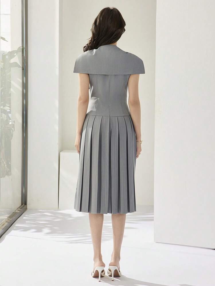 Heiryn Women's Elegant Slate Gray Tie-Neck Pleated Midi Dress