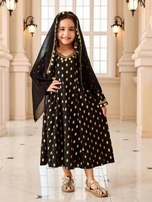 SHEIN Girls'Traditional Black Gold Polka Dot Vintage Dress, Autumn Young Girls Arabic Abaya Jalabiyas, Elegant Sequin Tassel Wedding Dress With Shawl, Arabic Clothing - Black - View 6