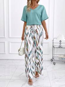 SHEIN Clasi 女士新款优雅纯色V领宽松上衣和阔腿裤两件套 - 彩色 - 查看 6