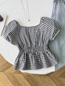 SHEIN 少女春夏休闲度假街头风蕾丝边拼接方领黑白格纹梭织纽扣衬衫 - 黑與白 - 查看 2