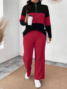 EMERY ROSE Bộ đồ 2 mảnh cỡ lớn gồm áo thun dài tay cổ bẻ có khóa kéo trang trí, chất liệu mềm mại, phối màu và quần dài mềm mại, kiểu dáng thường ngày. - Nhiều màu - Xem 8