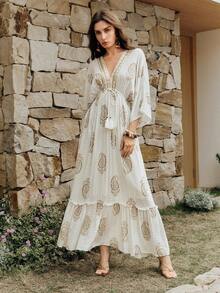 Anewsta Women's New Dress, French Bohemian Style, Classic Paisley Pattern, Cashew Flower Jacquard Vertical Stripe Gold Thread Fabric, Deep V-Neck, Drawstring Waist, Tassel Hem, Casual Holiday Long Dress - Apricot - View 2