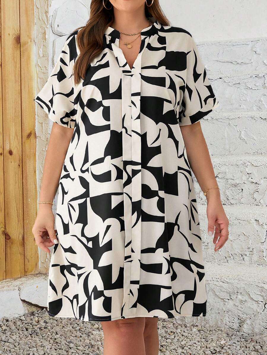 EMERY ROSE Đầm nữ cỡ lớn họa tiết hình học cổ chữ V tay ngắn kiểu dáng thường ngày, thích hợp cho mùa hè. - Màu Khaki - Xem 1