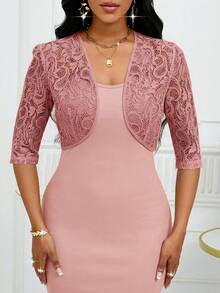 SHEIN Lady 女士花卉蕾丝七分袖开襟短款轻薄外套，适合秋冬季女性办公室穿着 - 藕粉色 - 查看 7