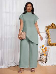 SHEIN Lady Women's Casual Mint Green Stand Collar Tunic Top And Wide Leg Pants Two-Piece Set - Mint Green - View 3