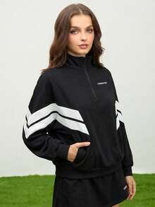 SHEIN Unity 女士撞色印花长袖卫衣 - 黑色 - 查看 4