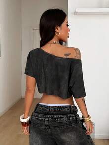 Coolane Casual Women Outfits Spring/Summer Streetwear Casual Going Out Y2K Sport Casual Graphic Off Shoulder Slouchy Cropped Black Diamond Pattern Glitter Washed Grunge Off The Shoulder Crop T-Shirt - Black - View 6