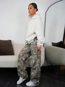 SAYEHFBABY 高腰枫叶迷彩印花水洗直筒牛仔裤 - 彩色 - 查看 5