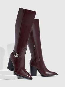 CUCCOO SZL Women's Pointed Toe Buckle Design Fashion Versatile High Heel Knee-High Boots Valentine's Day - Coffee Brown - View 6