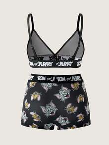 TOM & JERRY X SHEIN Conjunto de sujetador y pantie suave y cómodo con estampado de letras en toda la prenda para mujer - Negro - Ver 8