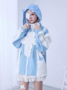 ROMWE Kawaii Subculture Cross Contrast Color Cat Frill Hooded Loose Women Long Sleeve Jacket - Multicolor - View 9