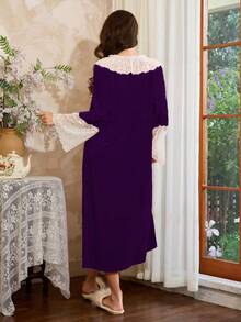 Côtesoire Camisón elegante de mujer con volantes de encaje y contraste de color al estilo francés - Morado - Ver 2