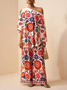 Zivah 2026 Spring/Summer Women's Casual Commuter Loose-Fitting One-Shoulder Action Print Irregular Print Top + High-Waisted Wide-Leg Pants Two Pieces Set Is Suitable For Occasions Such As Back To School, Vac - Orange - View 4