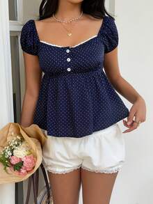 Elamini Tall Women's Navy Blue Polka Dot Square Collar Lace Trim Puff Sleeve Blouse, Comfortable Casual Wear, Suitable For Picnics And Dates