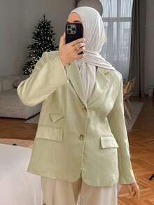 DAZY Women's Loose Fit Wide Shoulder Long Sleeve Pocket Open Slit Casual Thick Jacket, Autumn/Winter - Green - View 3