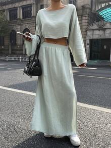 DAZY 2pcs Women Sage Green Autumn Casual Occasion Solid Color Long Sleeve Pullover Shirt And Elastic Waist Split Skirt Elegant Resort Outfit - Green - View 4