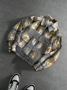 PAVTROS Men's Vintage Checkered Shirt,Baggy,Grunge,Long Sleeve Shirts,Streetwear Long Sleeve Boxy Zip-Front Shirt, Retro Reinterpretation, Classic Checkered And Distressed Pattern, Minimalist Numeric Accents, Striking And Modern, Fusion Of Contemporary And Vintage Styles, Suitable For Casual, Streetwear, Outdoor, Theme Parties, Fashion Outfits, Holiday Gifts, Boyfriend/Husband Gifts - Yellow - View 4