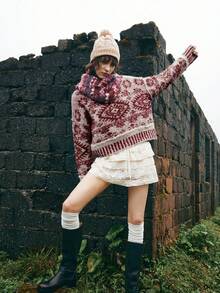 Bohemela 波西米亚风秋冬外套，女士复古红白提花费尔岛针织高领毛衣，西部乡村风格，适合度假、日常穿着、返校季、万圣节、圣诞节、新年、情人节等场合，冬季女装 - 酒紅色 - 查看 4