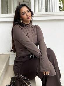 NegzBox Simple Solid Color Slim High Collar White Top Suitable For Autumn And Winter - Chocolate Brown - View 6