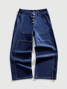 ROMWE MEN Men's Casual Washed Metal Buckle Wide Leg Jeans - Black - View 9