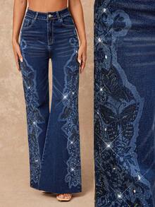 Lumalex VITNOS Navy Blue Autumn 90s Wide Leg Cotton Denim Jeans,Laser Engraved Floral Pattern Rhinestone Embellished,Elegant Night Out Party Old Money Style - Blue - View 2