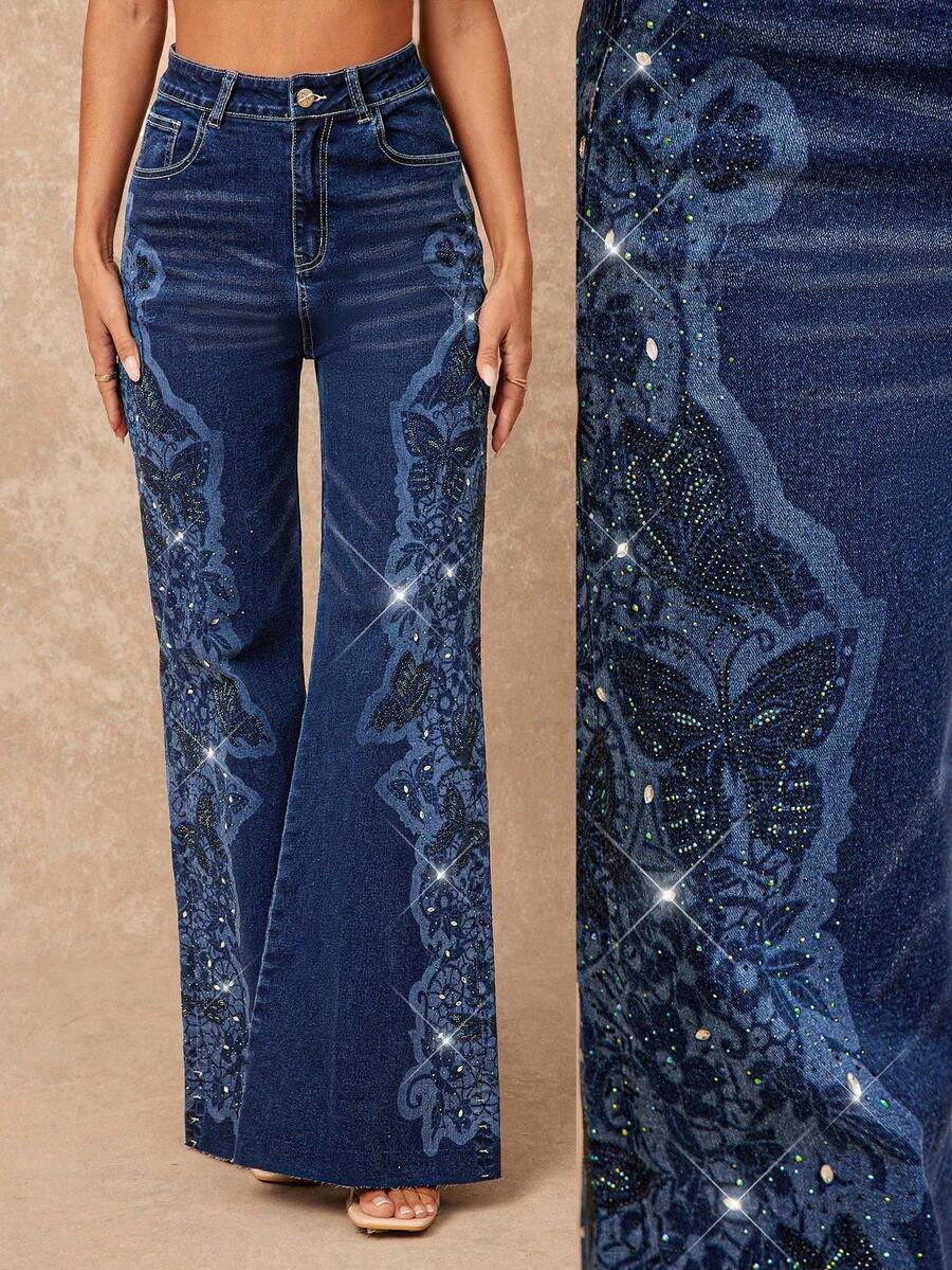Lumalex VITNOS Navy Blue Autumn 90s Wide Leg Cotton Denim Jeans,Laser Engraved Floral Pattern Rhinestone Embellished,Elegant Night Out Party Old Money Style