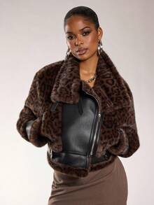 Normani Nouvelle veste courte de style blouson moto en patchwork de tissu PU épais et moelleux, doublé chaud, style léopard d'hiver - Tabac - Voir 7