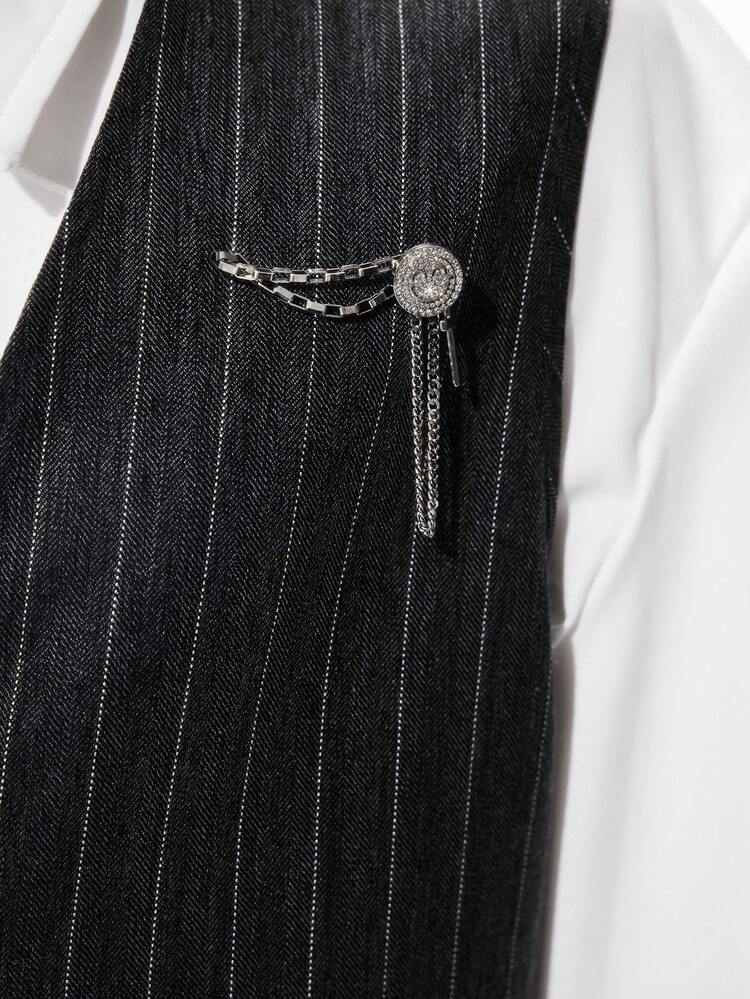 ROMWE MEN Goth Men's Striped Zip-Front Casual Versatile Commuter Vest - Black - View 5