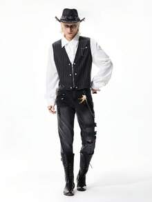 ROMWE MEN Goth Men's Striped Zip-Front Casual Versatile Commuter Vest - Black - View 13