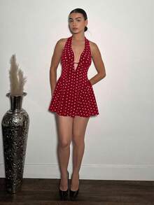 Andrea Bello Vestido de mujer sin mangas con estampado de lunares, con escote halter y espalda descubierta