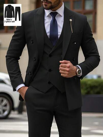 Manfinity Bizformal Conjunto de traje de tweed de solapa entallada de doble botonadura para hombre en color negro