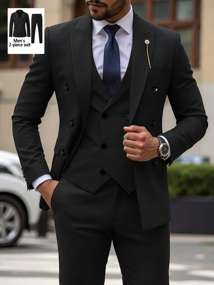 Manfinity Bizformal 男士黑色双排扣翻领斜纹布西装套装 - 黑色 - 查看 1