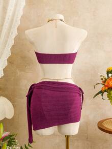 Swim Vcay 三件套女士沙滩装：纯色金属质感露脐吊带上衣、性感侧系带比基尼泳裤和休闲迷你裙，适合沙滩、派对、度假等场合。 - 紫色 - 查看 2