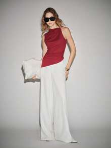 Lumivelle Áo hai dây dáng ôm, thời trang thường ngày, có trang trí kim loại và xếp ly ở eo. - Màu Đỏ Sâu - Xem 7