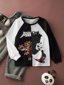 SHEIN Kung Fu Panda 1pc Young Girl Casual Cartoon Pattern Round Neck Long Sleeve T-Shirt, Suitable For Outings, Daily Wear And Various Occasions - Black and White - View 1