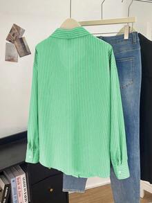 Franclia 大码条纹纽扣休闲衬衫，秋冬款 - 綠色 - 查看 2